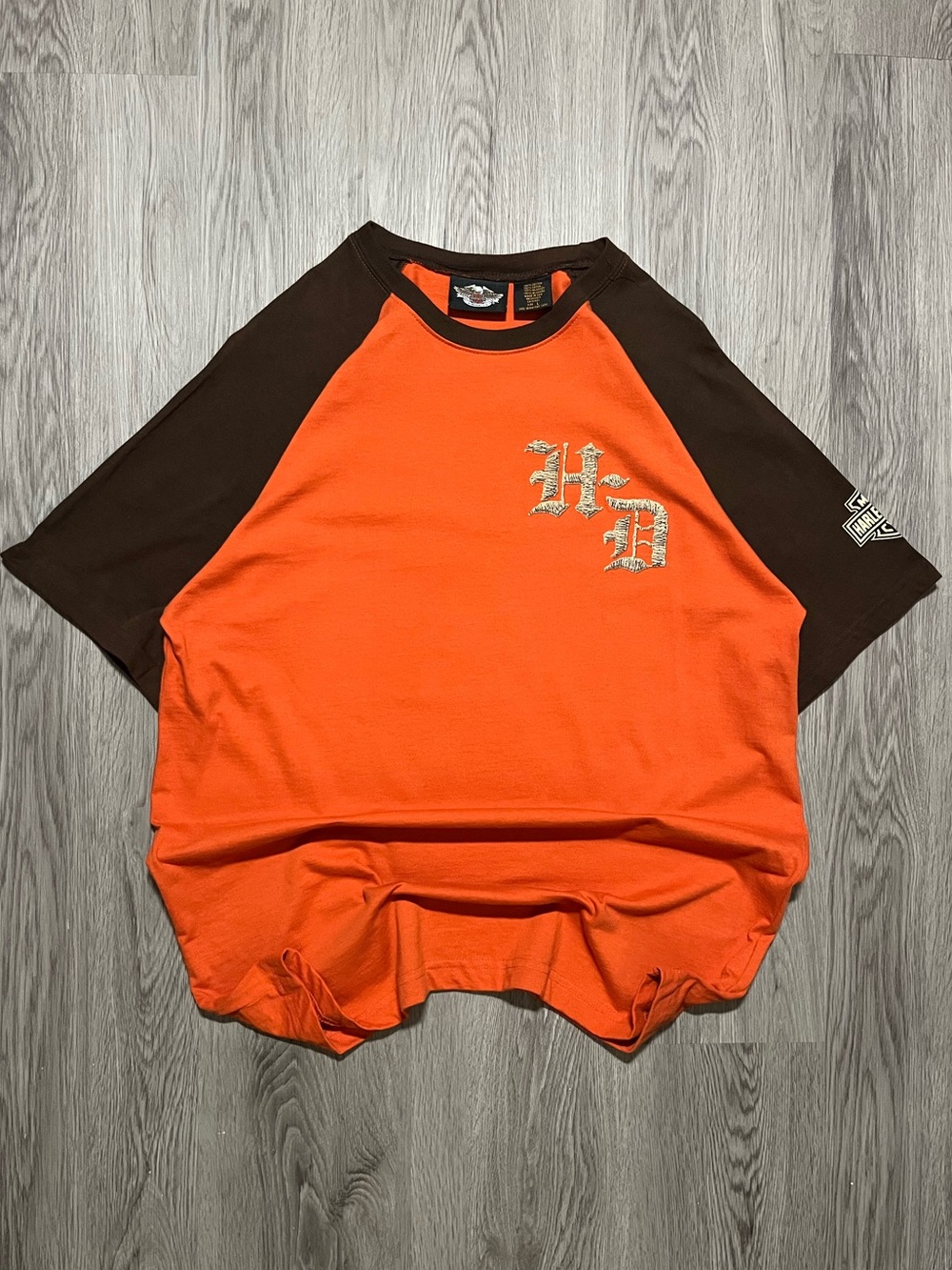 Harley Davidson colour block graphic logo brown+orange men’s T-shirt large ￼